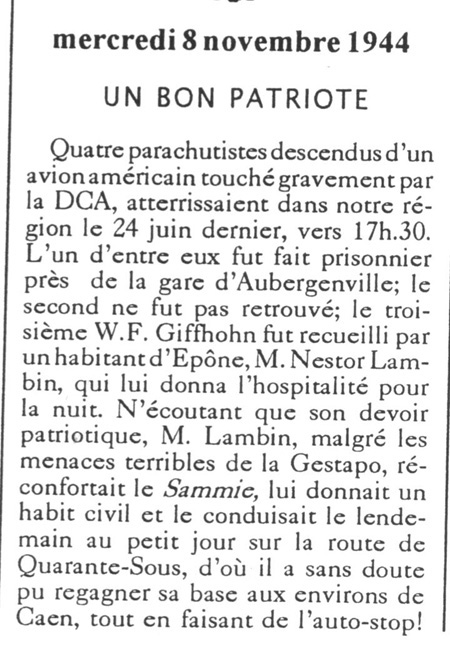 Article Courrier de Mantes du 8 novembre 1944